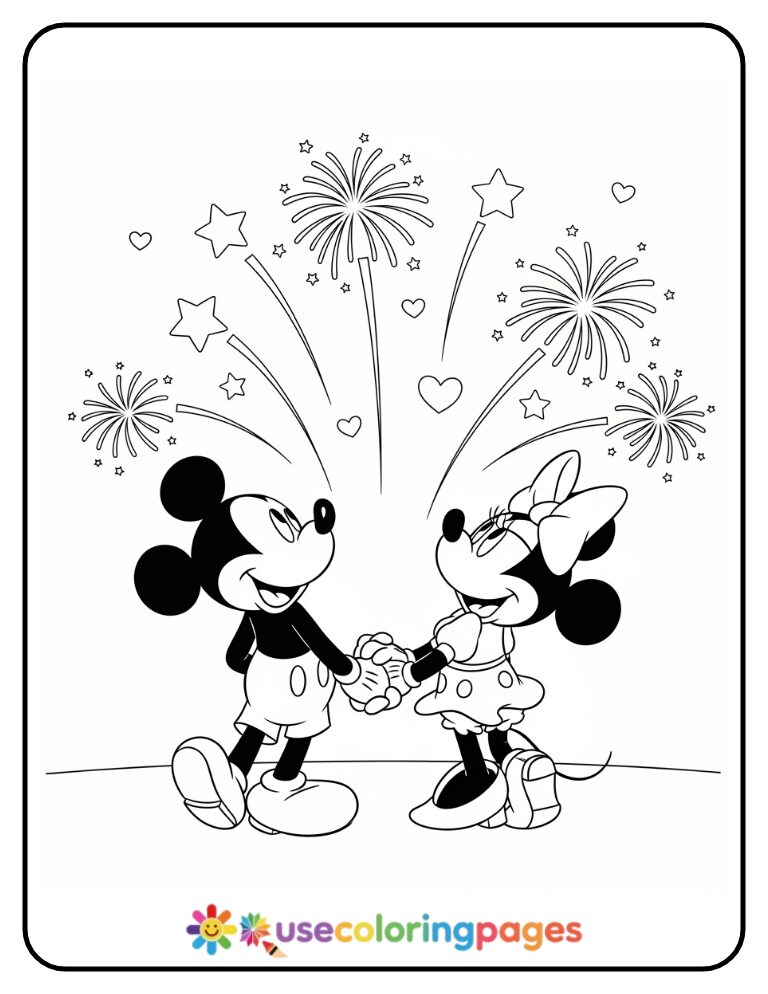 Mickey and Minnie Mouse Watching Fireworks Coloring Page