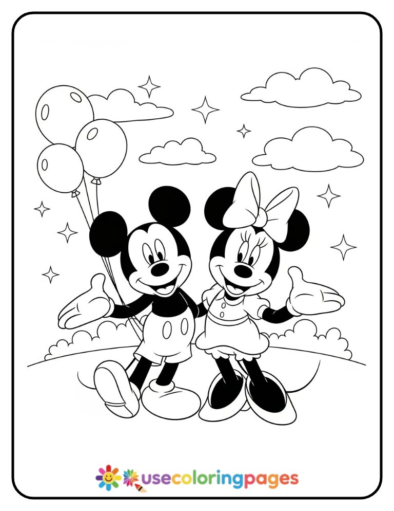 Mickey and Minnie Mouse Waving Together Coloring Page