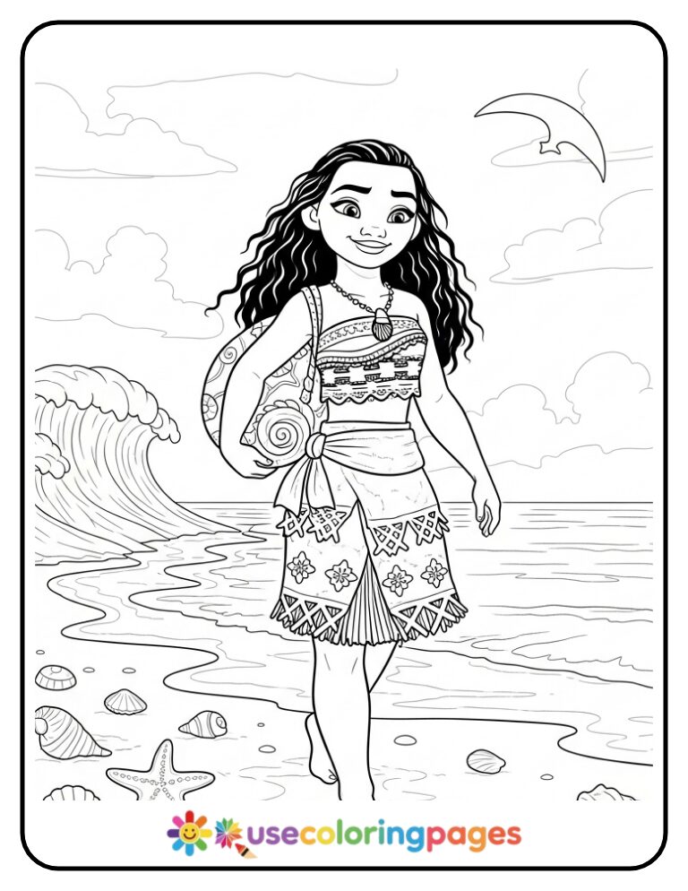 Moana Walking Along the Shoreline Coloring Page