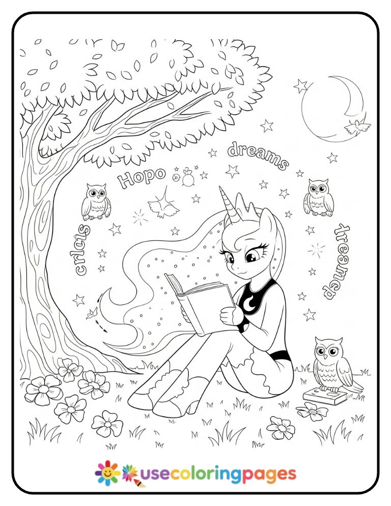 Princess Luna Reading a Book of Dreams Coloring Page