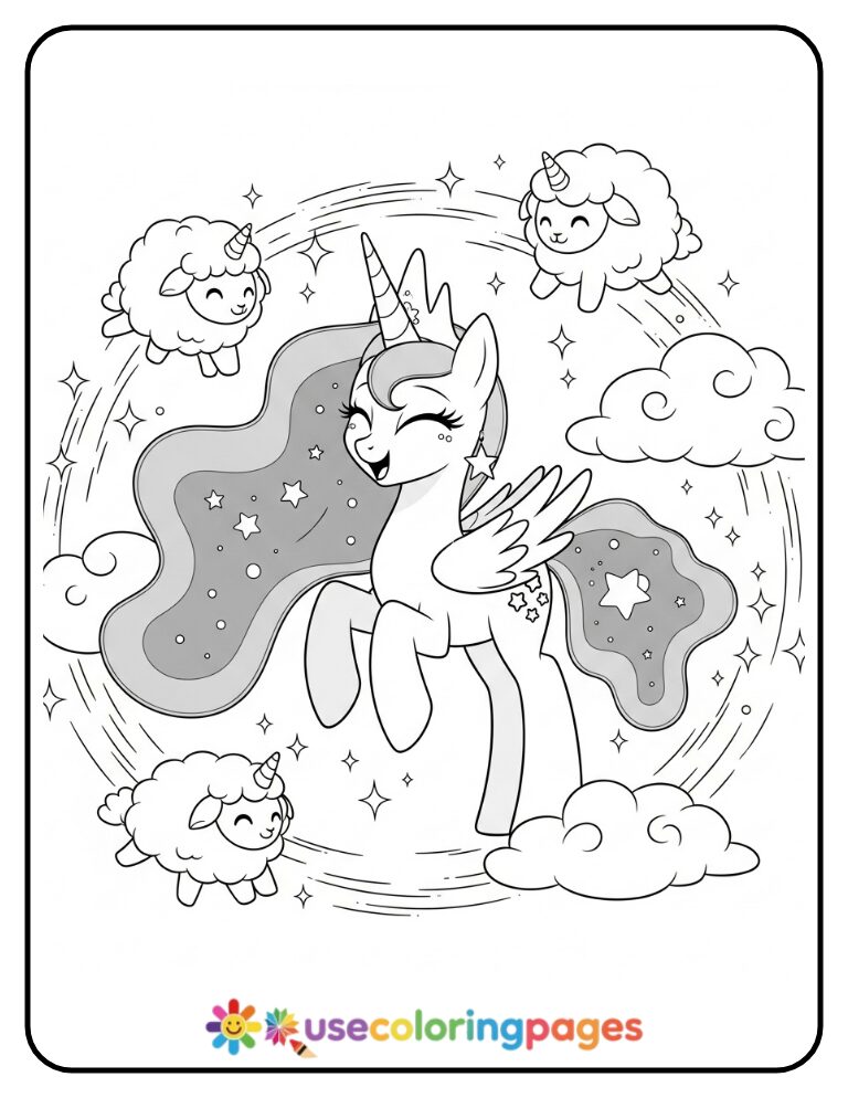 Princess Luna Playing with Cloud Creatures Coloring Page