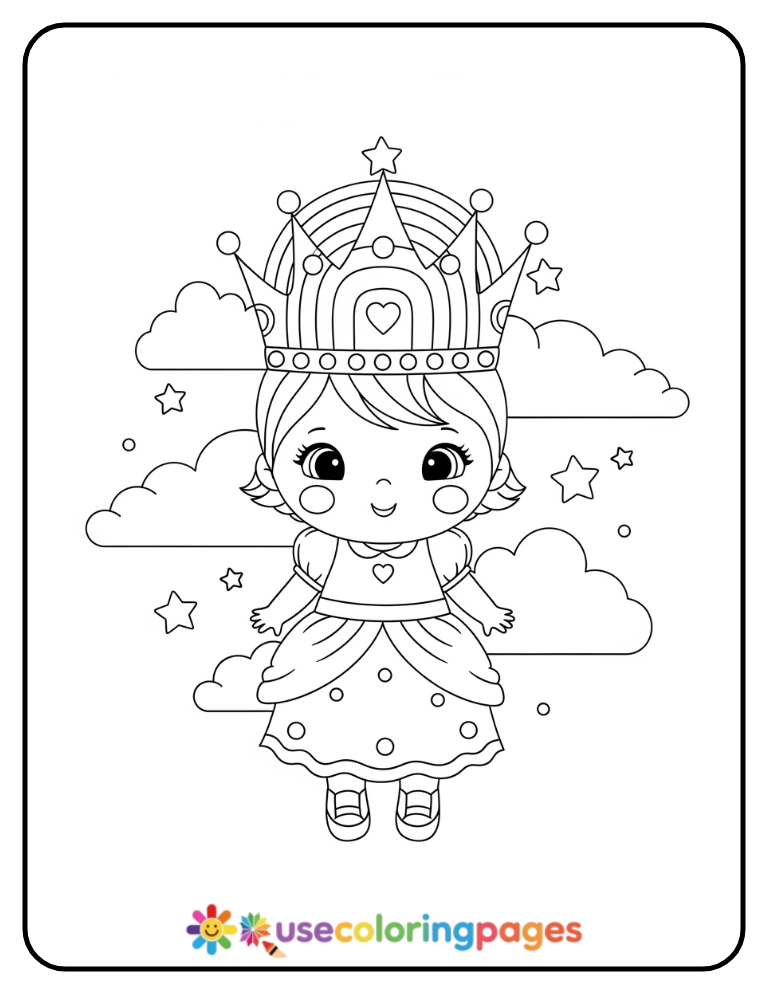 Princess with a Rainbow Crown Coloring Page