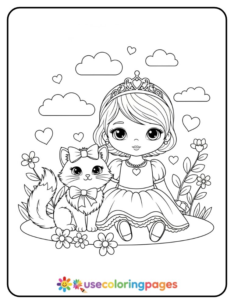 Princess Sitting with a Cat Coloring Page for Kids