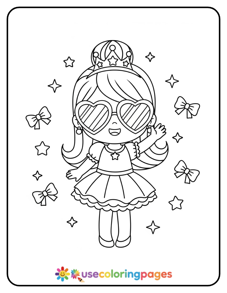 Princess with Heart Sunglasses Coloring Page