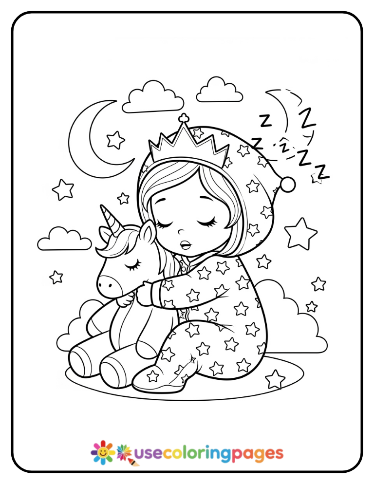 Princess in Pajamas with a Stuffed Unicorn Coloring Page
