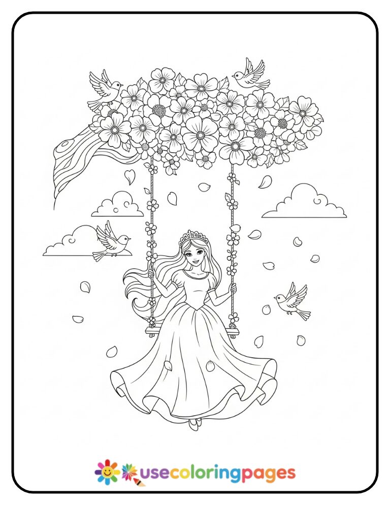 Princess on a Swing Coloring Page for Girls
