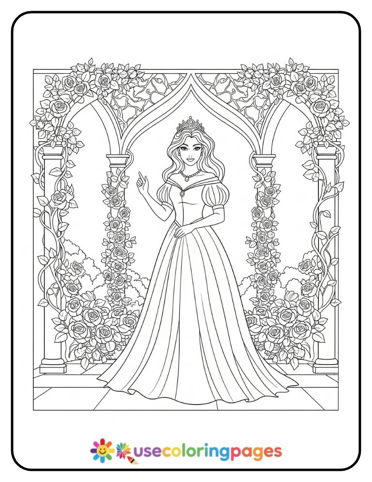 Princess with Flowing Gown in Rose Garden Coloring Page