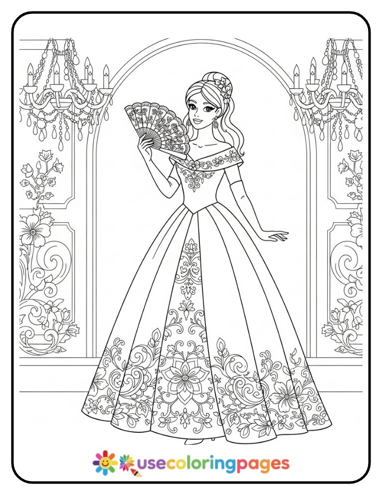Princess in Ball Gown Holding a Fan Coloring Page