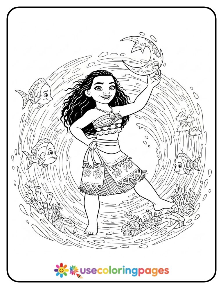 Moana Dancing with Ocean Waves Coloring Page