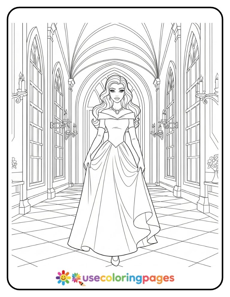 Princess Walking Through a Castle Hall Coloring Page