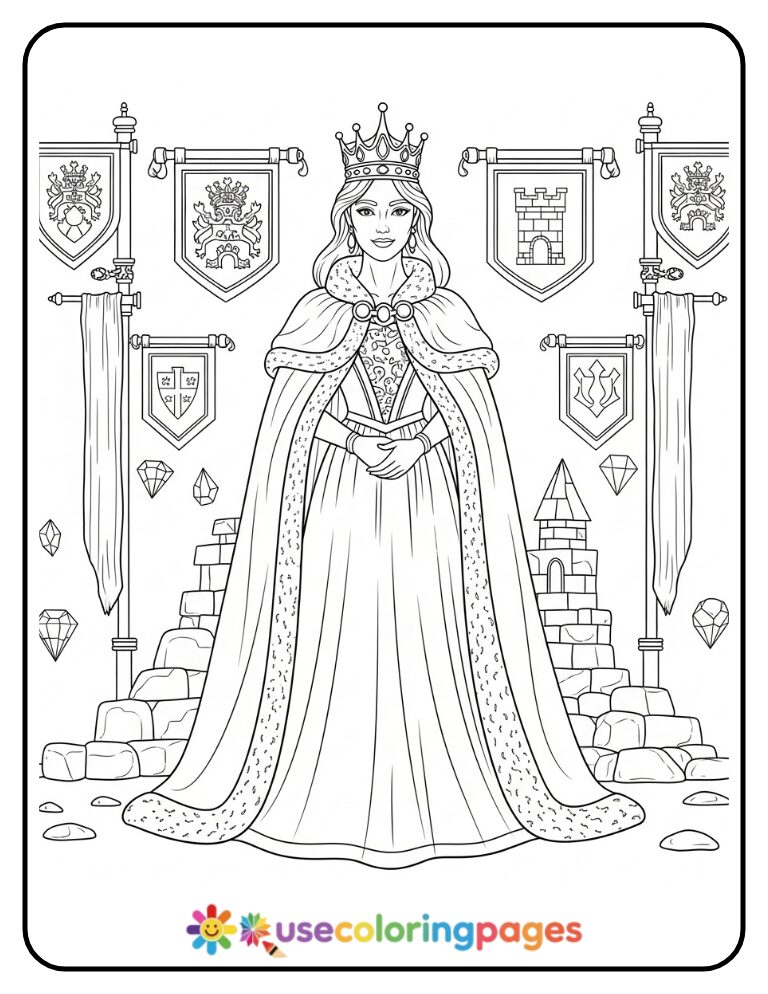 Princess with Crown and Velvet Cape Coloring Page