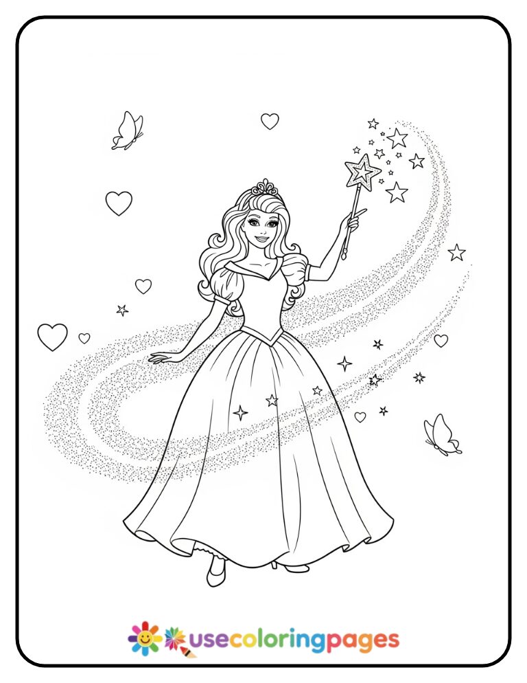 Barbie Princess Holding a Magical Wand Coloring Page