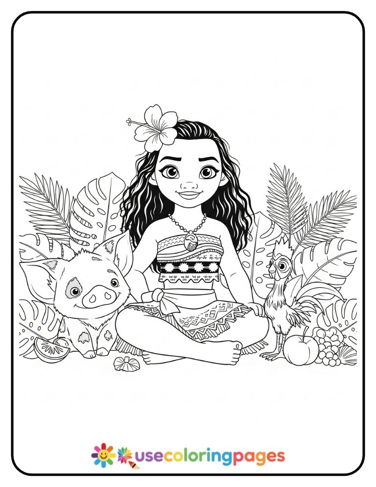 Moana Sitting with Pua and Hei Hei Coloring Page