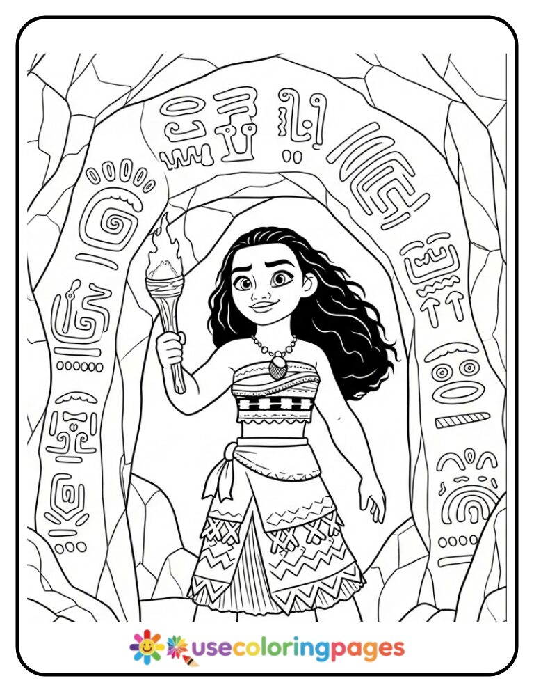 Moana Exploring a Cave of Symbols Coloring Page