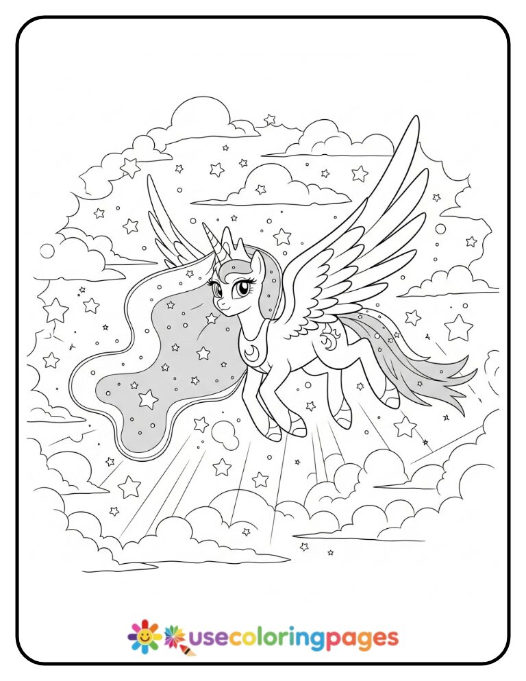 Princess Luna Flying Across a Starry Sky Coloring Page