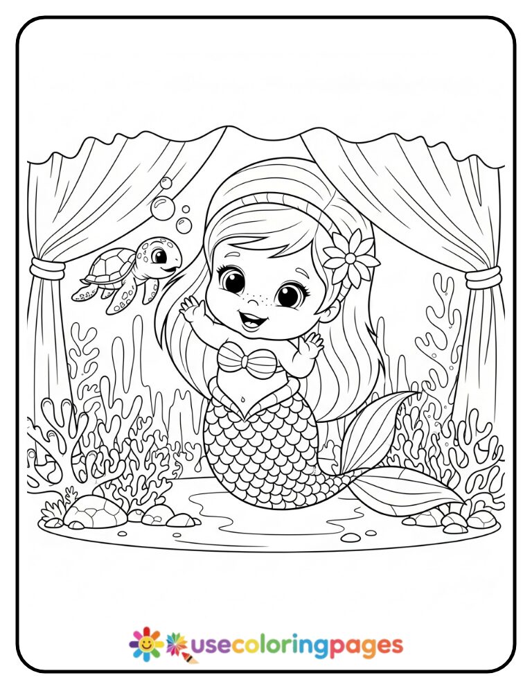 Mermaid Playing Peekaboo with Turtle Coloring Page
