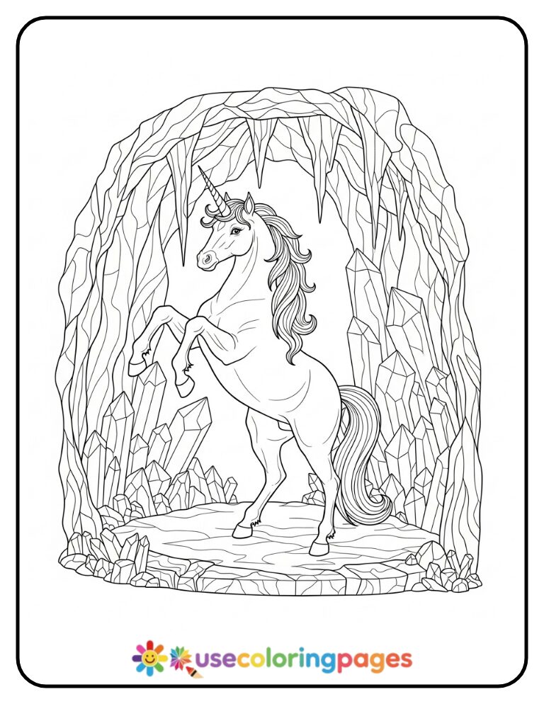 Mystic Unicorn in Crystal Cavern Coloring Page