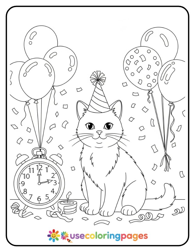 New Year’s Eve Cat with Party Hat and Confetti Coloring Page