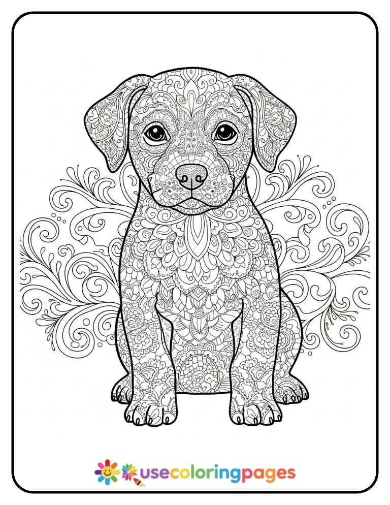 Ornamental Puppy with Lace Pattern Overlay Coloring Sheet