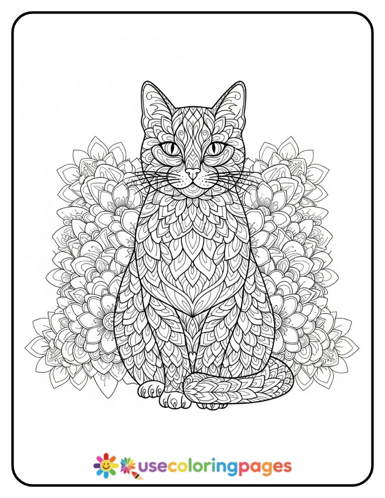 Ornate Mandala Cat Sitting Gracefully Coloring Page