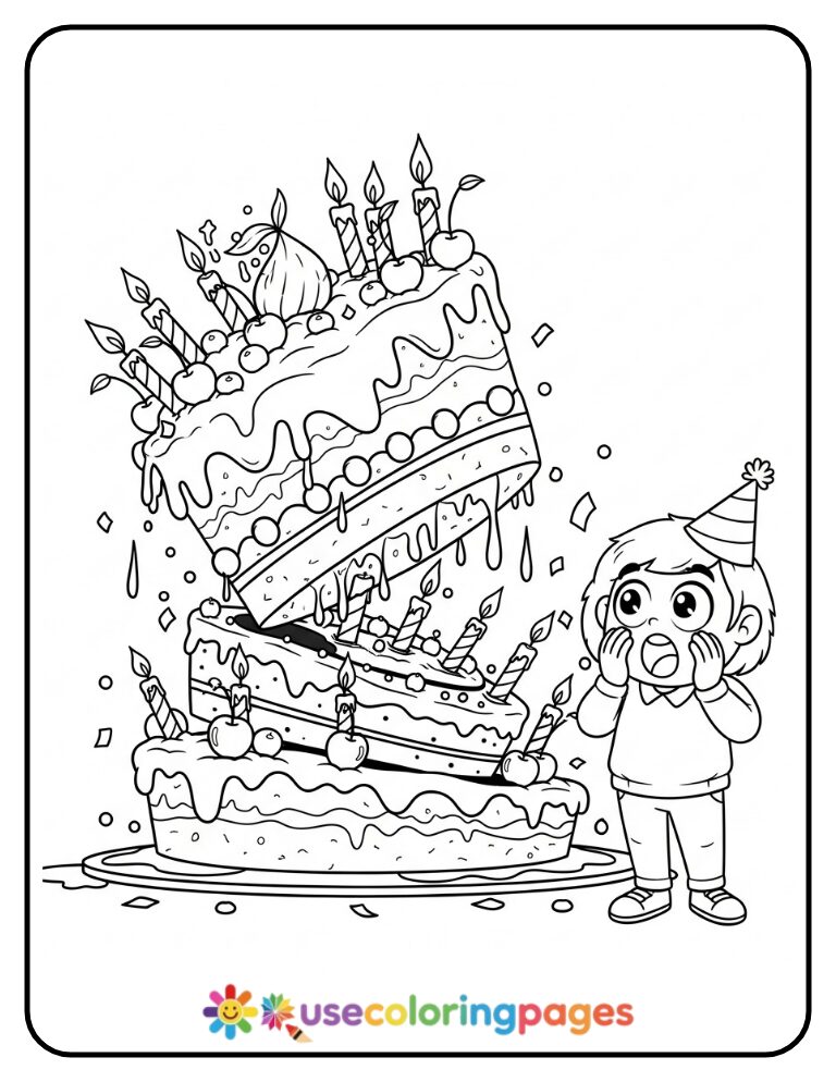 Overloaded Birthday Cake Tower Collapse Coloring Page