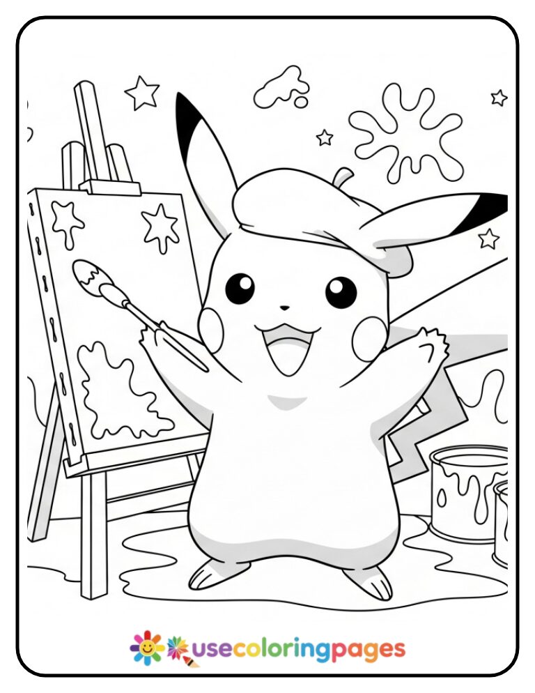 Painter Pikachu with Easel and Brush Coloring Page