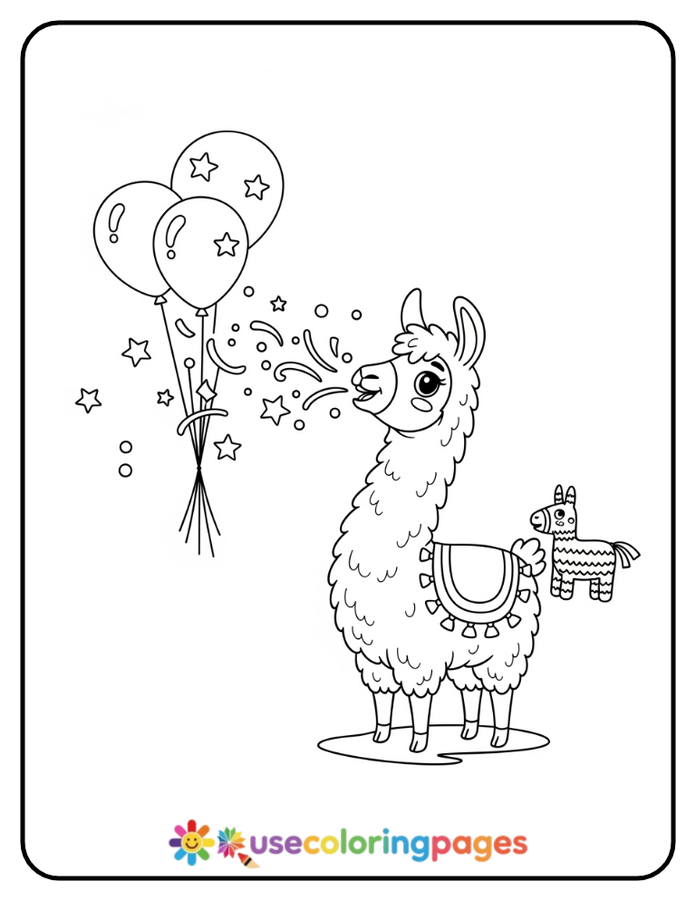 Party Llama Spitting Confetti Coloring Page