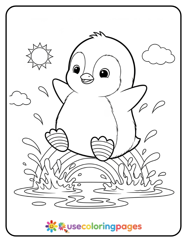 Penguin Jumping Into Rainbow Puddle Coloring Page For Kids