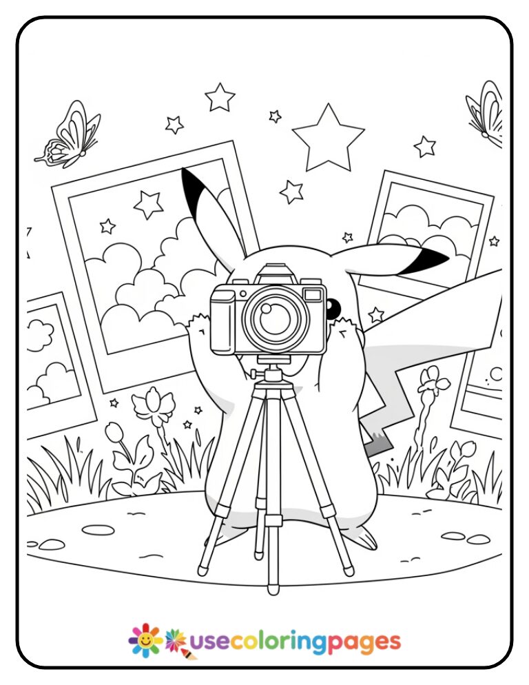 Photographer Pikachu with Camera and Tripod Coloring Page