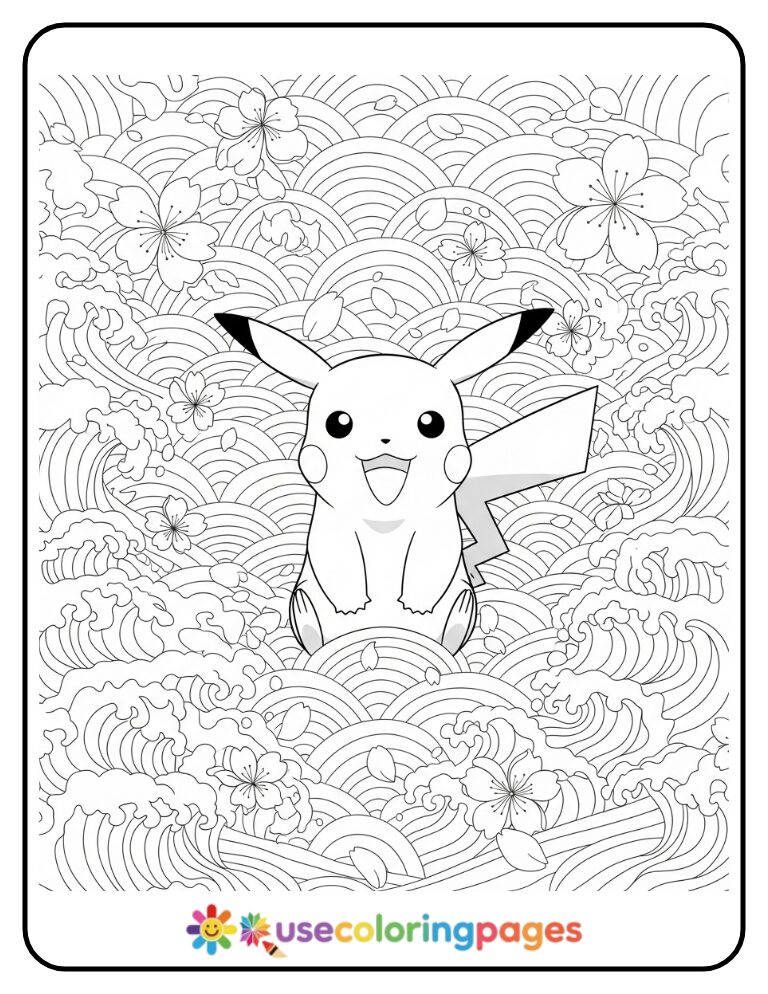 Pikachu Among Japanese Waves and Cherry Blossoms Coloring Page