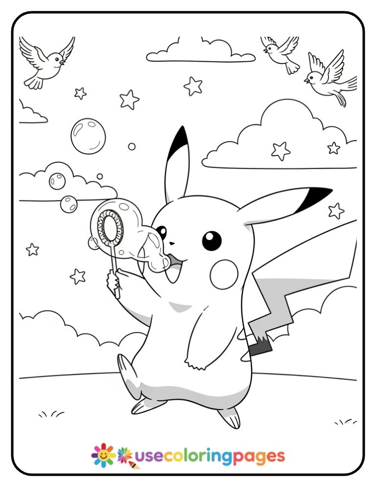 Pikachu Blowing Bubbles Coloring Page For Preschoolers