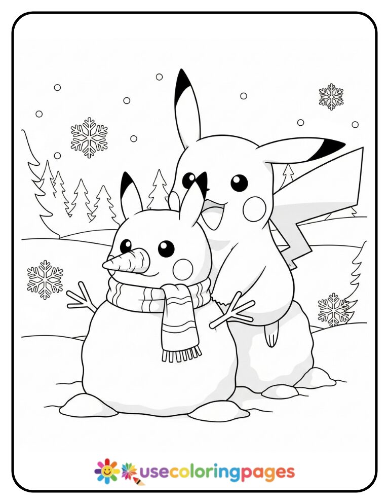 Pikachu Building a Snow Pikachu Coloring Page