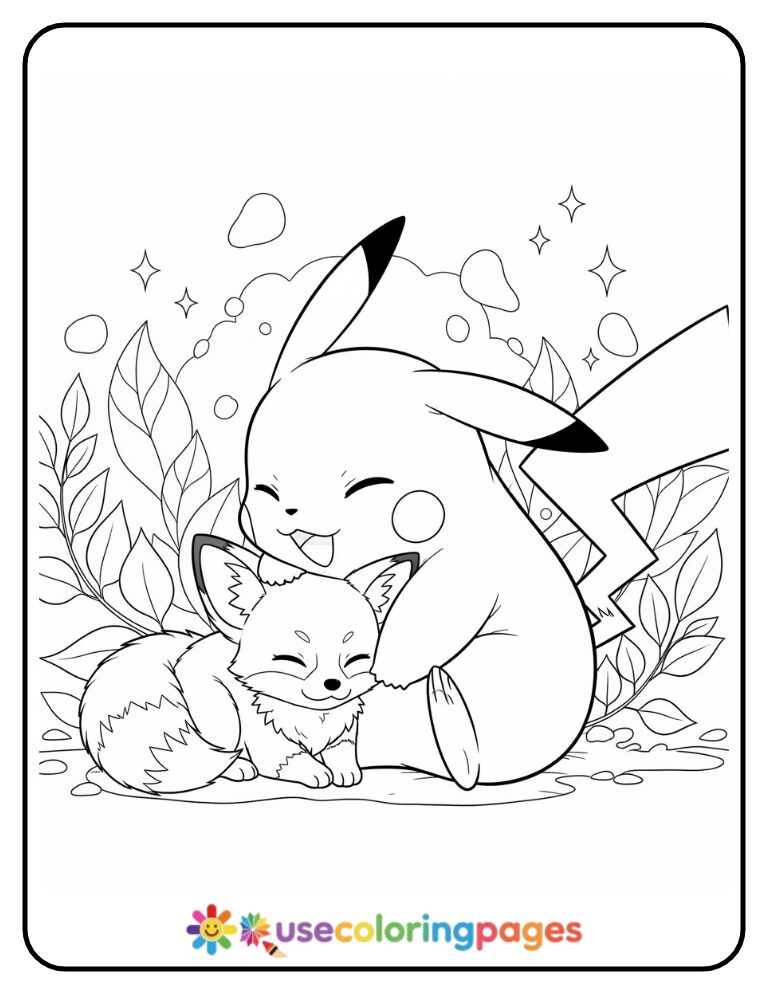 Pikachu Cuddling with a Baby Fox Coloring Page For Kids