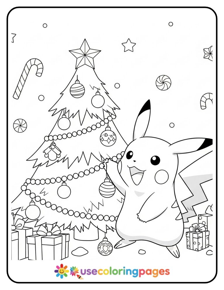 Pikachu Decorating a Christmas Tree Coloring Page Printable
