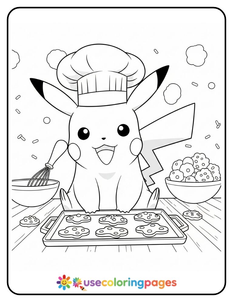 Pikachu Dressed in a Chef Hat Baking Cookies Coloring Page