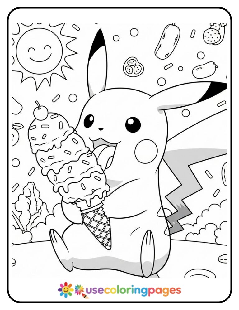 Pikachu Eating Ice Cream Cone Coloring Page For Kids