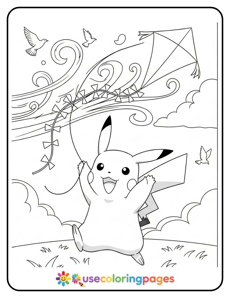 Pikachu Flying a Kite on a Windy Day Coloring Page