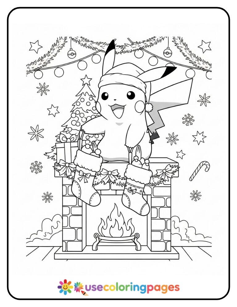 Pikachu Hanging Stockings by the Fireplace Coloring Page