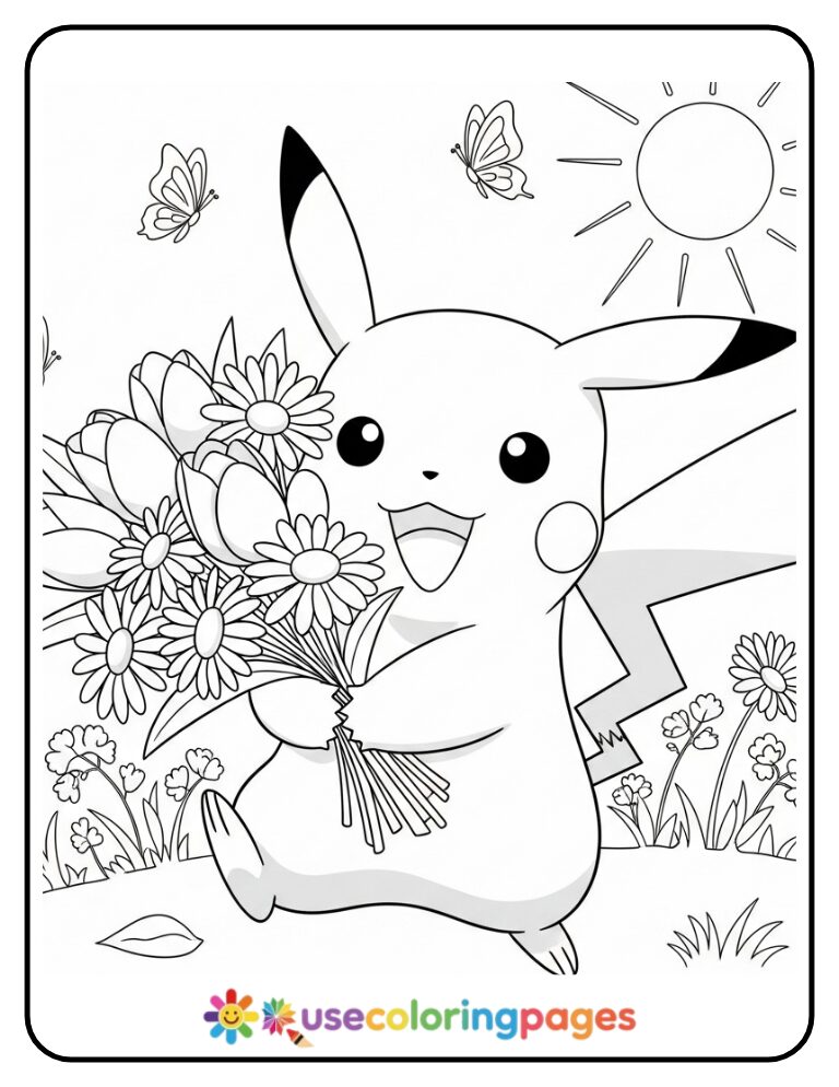 Pikachu Holding a Flower Bouquet Coloring Page Printable