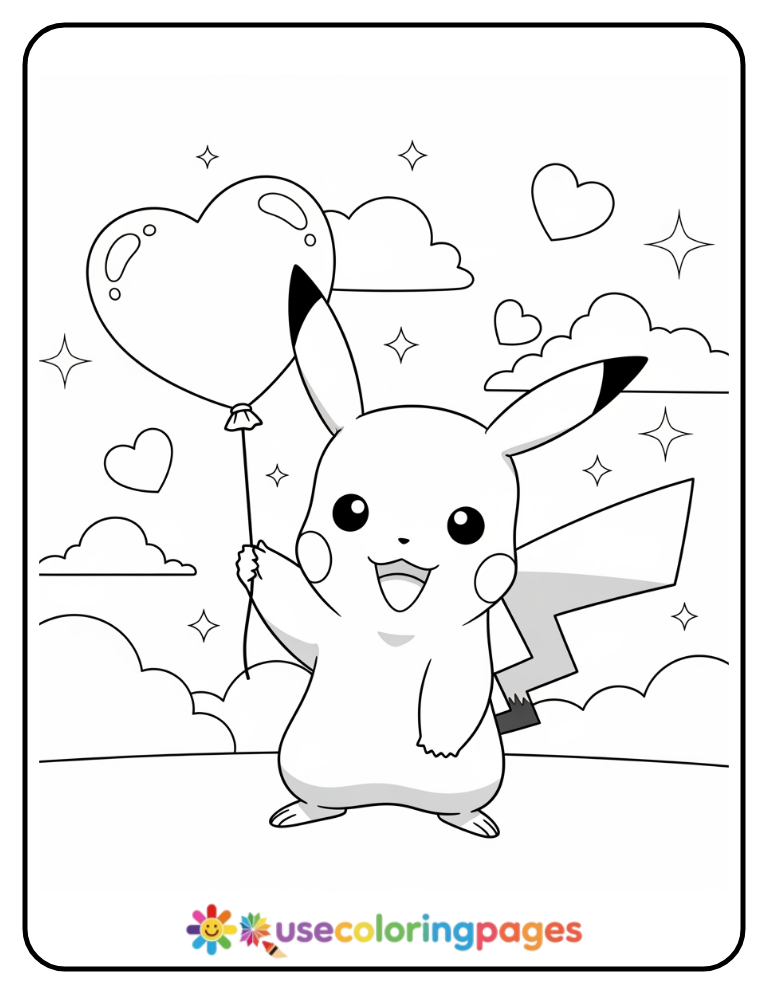 Pikachu Holding a Heart Balloon Coloring Page For Kids