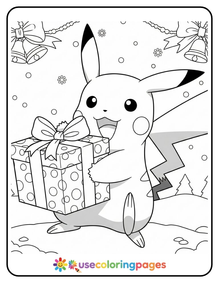 Pikachu Holding a Wrapped Present Coloring Page