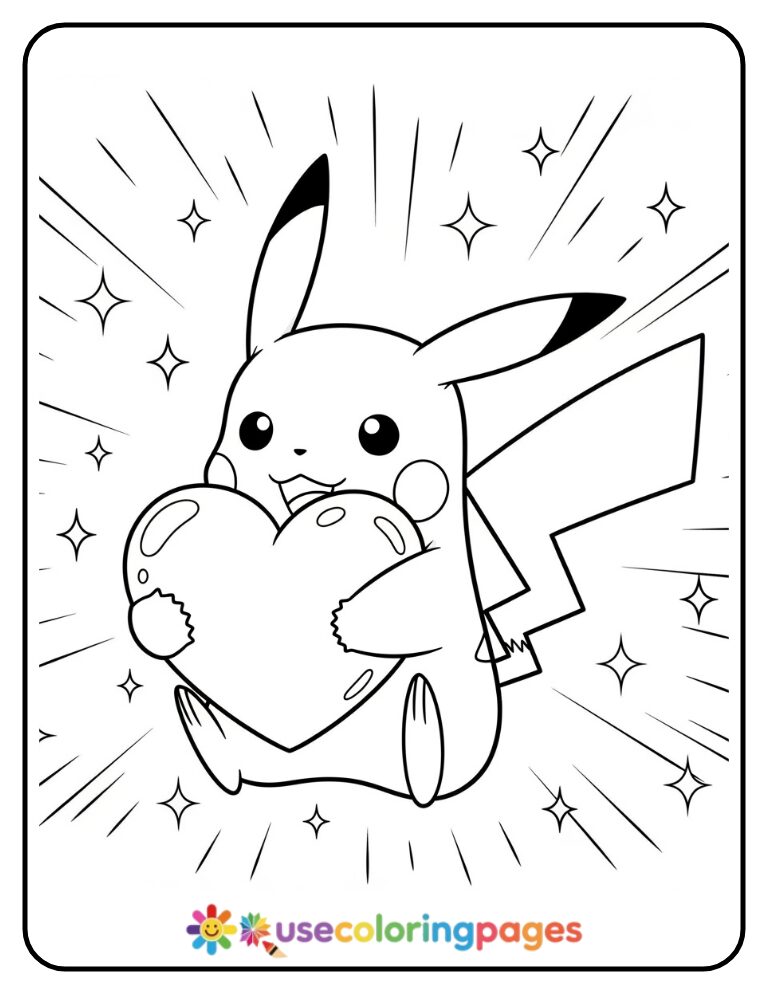 Pikachu Hugging a Heart Coloring Page For Small Kids