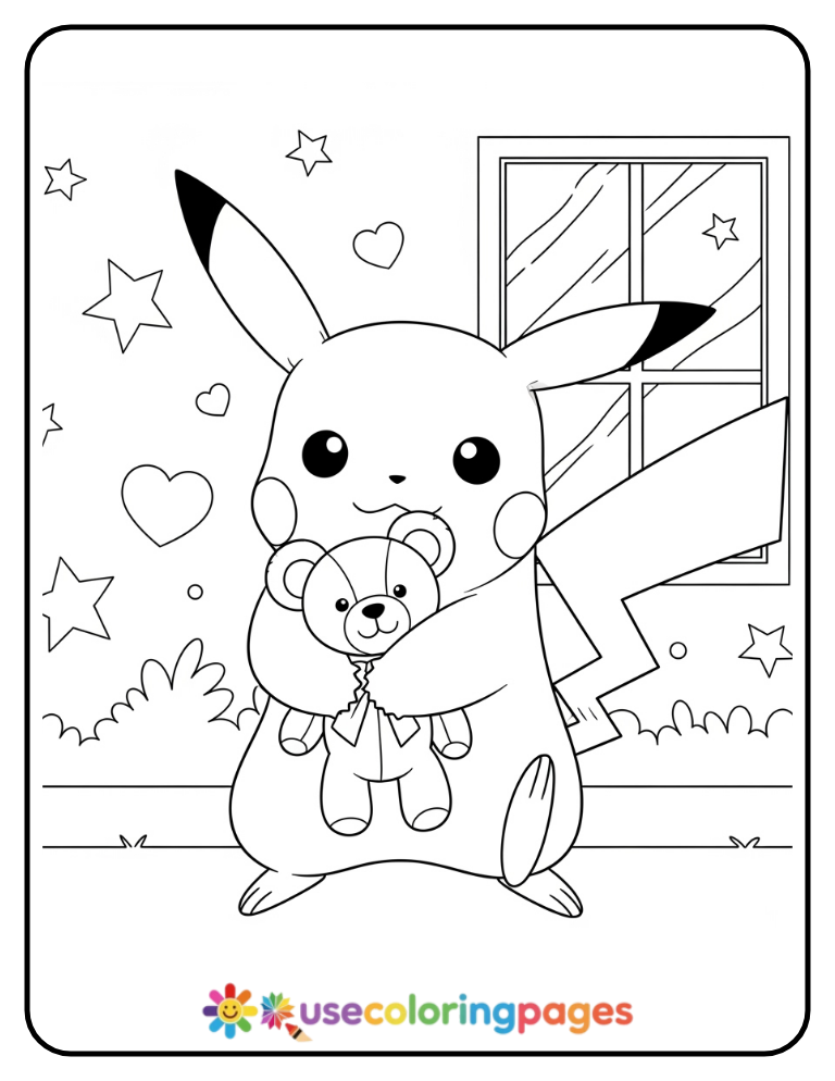 Pikachu Hugging a Teddy Bear Coloring Page Printable