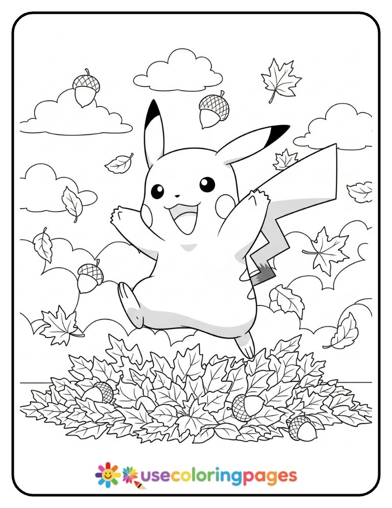 Pikachu Jumping in Autumn Leaves Coloring Page For Kids