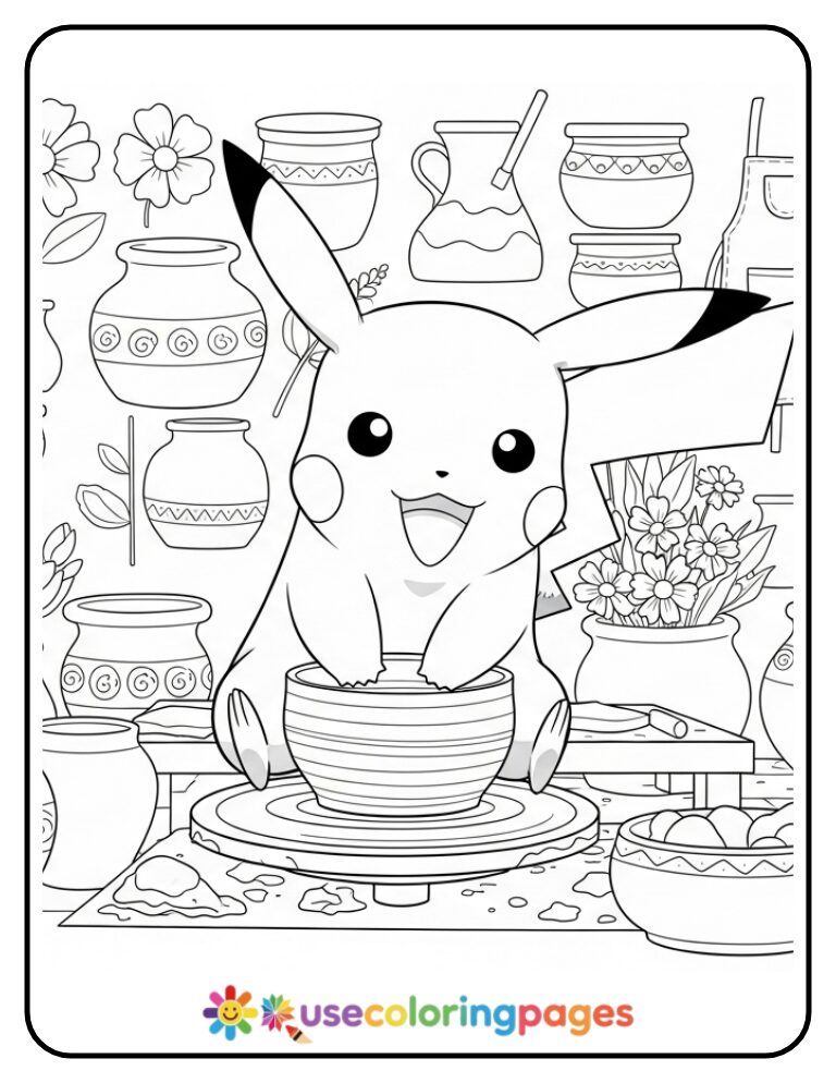 Pikachu Making Pottery on a Clay Wheel Coloring Page
