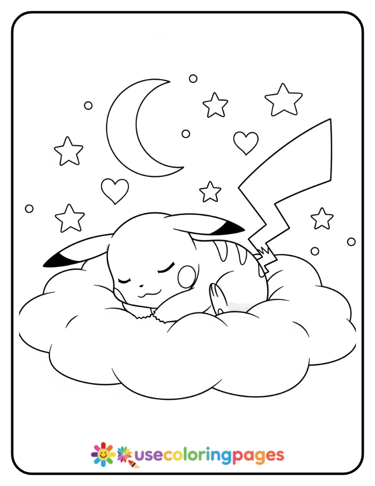 Pikachu Napping on a Cloud Coloring Page Printable