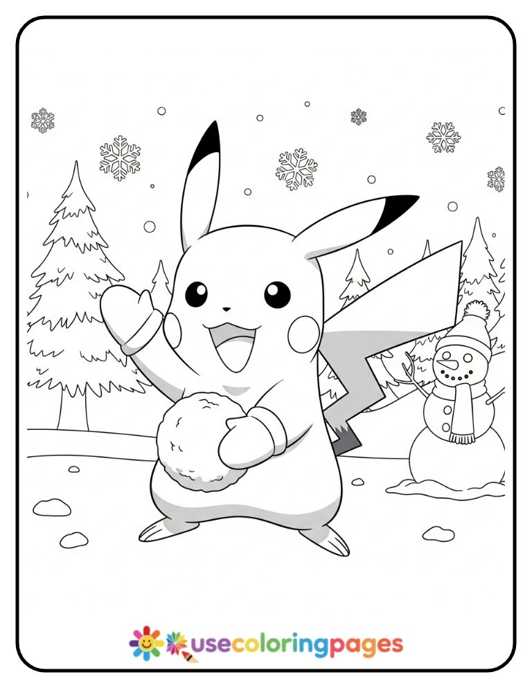 Pikachu Playing in the Snow with Mittens Coloring Page