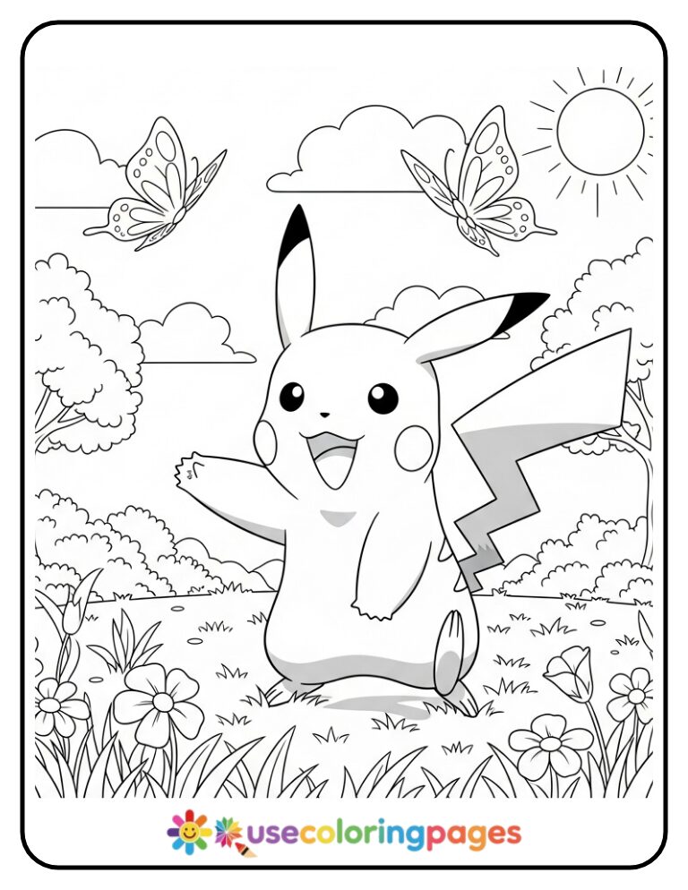Pikachu Playing with Butterflies Coloring Page For Kids