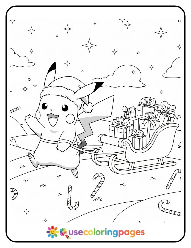 Pikachu Pulling a Sleigh with Gifts Coloring Page For Kids