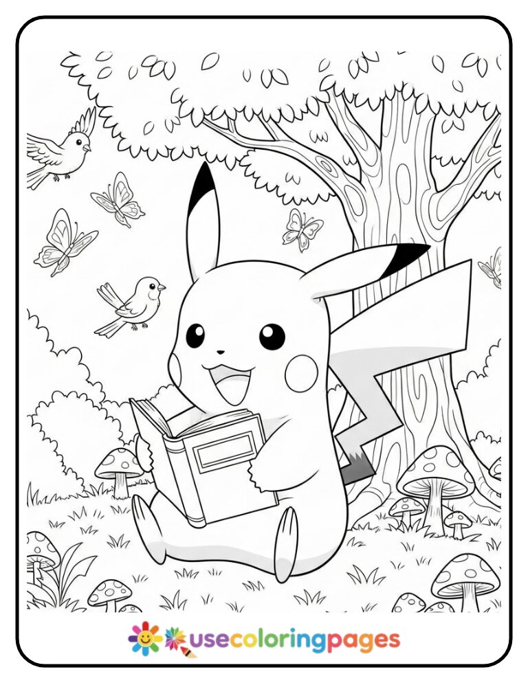 Pikachu Reading a Book Under a Tree Coloring Page